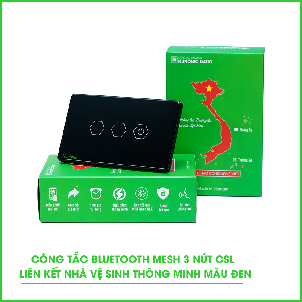 Công Tắc 3 Nút Bluetooth Mesh Liên Kết Nhà Vệ Sinh Thông Minh Màu Đen